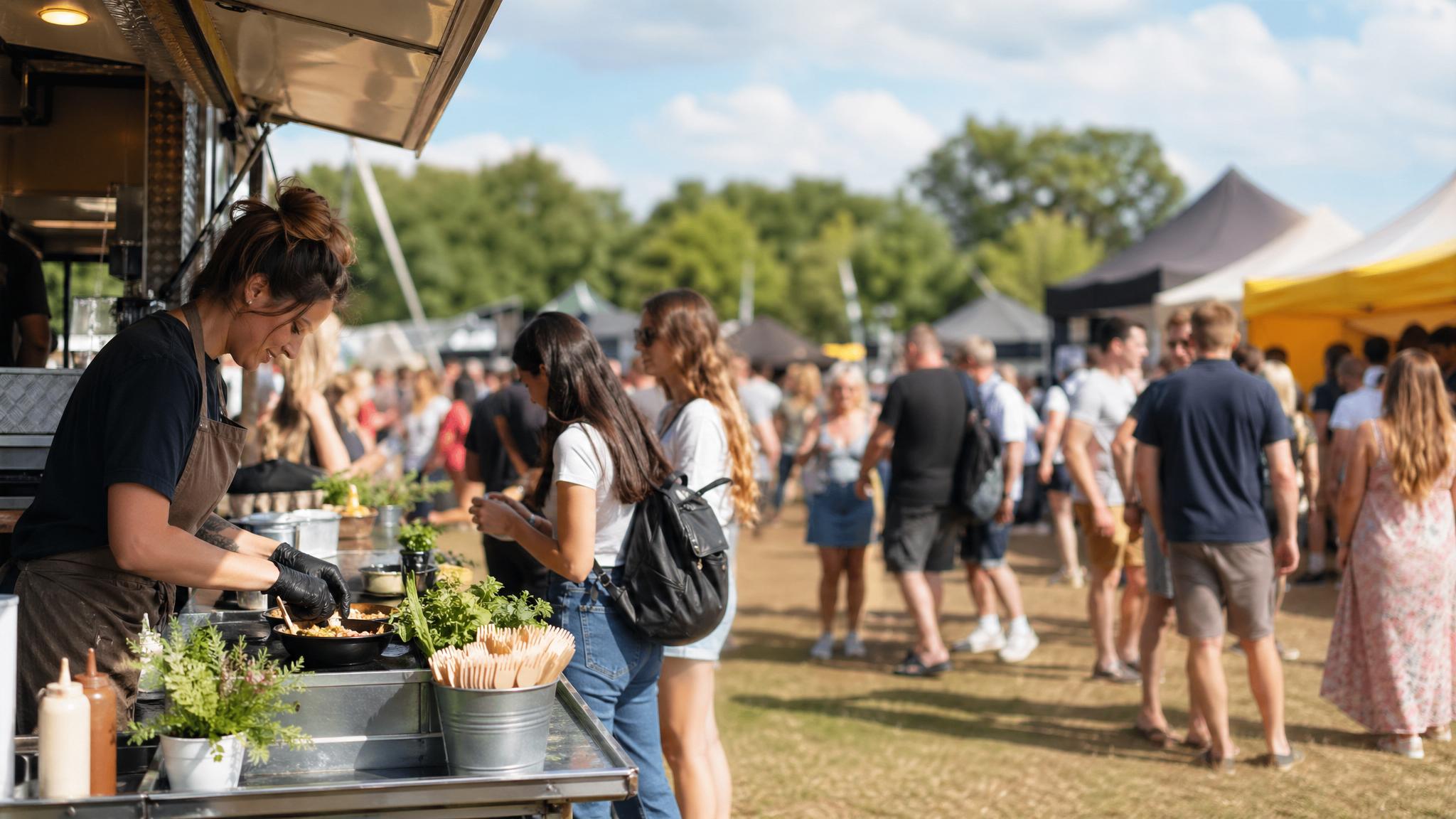 Food vendors serving customers at an outdoor event